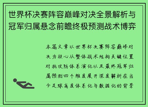 世界杯决赛阵容巅峰对决全景解析与冠军归属悬念前瞻终极预测战术博弈